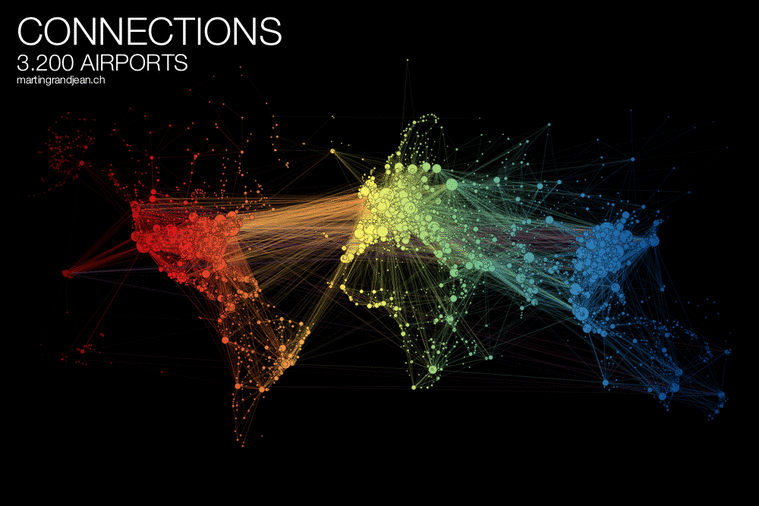 анимированная карта глобальных авиаперелетов, на которой точками отмечены аэропорты, а линиями — маршруты самолетов, дает представление о том, как и сколько летают люди
